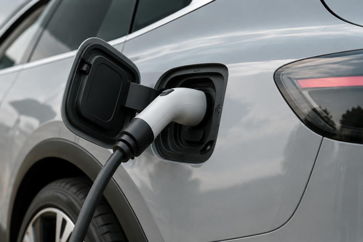 Nowa Tesla ładowana na stacji ładowania